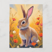 茶色のウサギの花畑の動物の絵 ポストカード (正面)