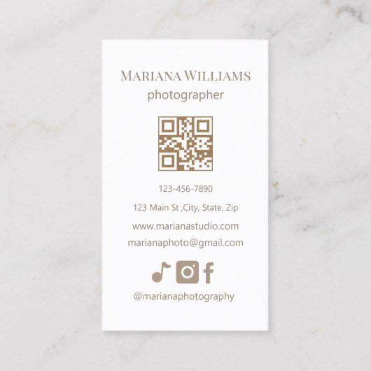 茶色のエレガントシンプルスクリプトフォトグラファーqrコード 名刺 (裏面)