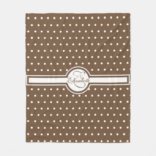 茶色のエレガントモノグラムの白水玉模様 フリースブランケット (正面)