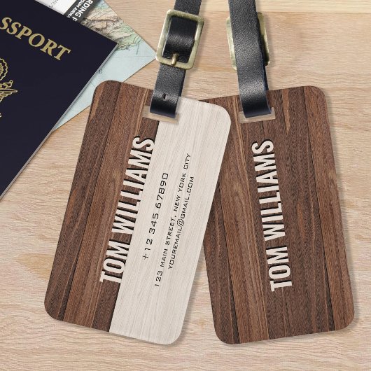 茶色のエレガント木のテクスチャモダンスタイルモノグラム ラゲッジタグ