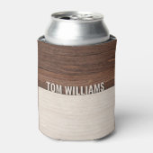 茶色のエレガント木のテクスチャモダンスタイルモノグラム 缶クーラー (缶正面)