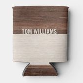 茶色のエレガント木のテクスチャモダンスタイルモノグラム 缶クーラー (正面)