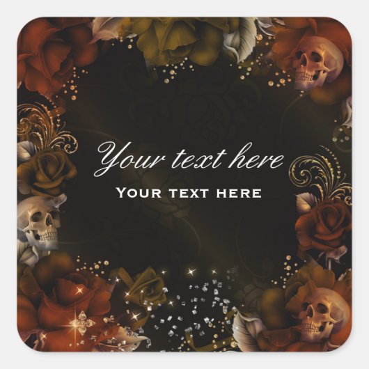 茶色のオレンジ色のバラ+スカルゴシックのステッカーラベル スクエアシール (正面)