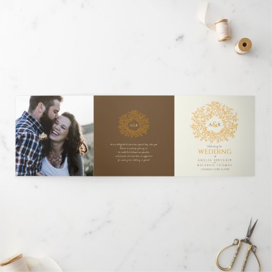 茶色のオレンジ色のモノグラム献身写真結婚の写真 三つ折りプログラム (外部)