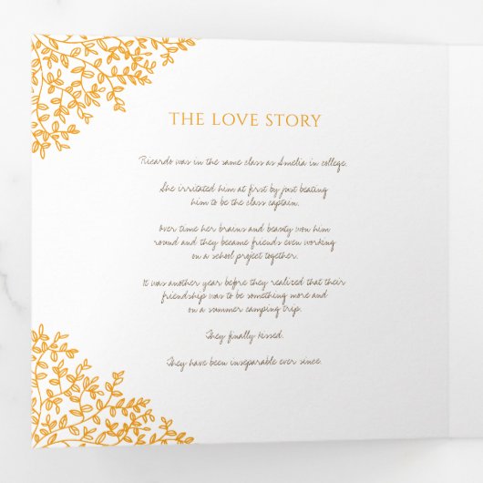 茶色のオレンジ色のモノグラム献身写真結婚のTri 三つ折りプログラム (内部最初)