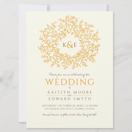 茶色のオレンジ色の手描き葉モノグラム結婚アート 招待状 (正面)