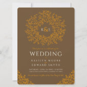 茶色のオレンジ色の手描き葉モノグラム結婚アート 招待状 (正面)