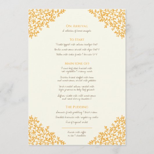 茶色のオレンジ色の植物葉スケッチモノグラム結婚ズ メニュー (裏面)