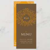 茶色のオレンジ色の植物葉スケッチモノグラム結婚ズ メニュー (正面/裏面)