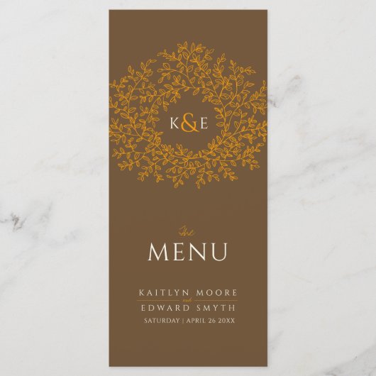 茶色のオレンジ色の植物葉スケッチモノグラム結婚ズ メニュー (正面)