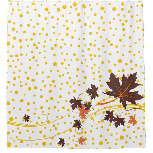 茶色のカエデ離れル水玉模様と黄色の秋 シャワーカーテン (正面)