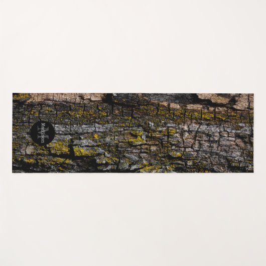 茶色のカッコいい苔むした木の樹皮の黄色の地衣類モノグラム ヨガマット (正面(横))