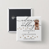 茶色のキャバプー犬 ウェディングにようこそ かわいい 缶バッジ (正面&裏面)