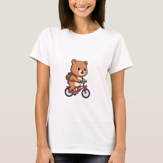茶色のクマが赤い自転車に乗って元気に走る Tシャツ (正面)