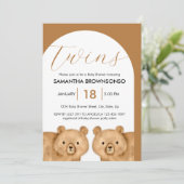 茶色のクマの双子ベビーシャワー 招待状 (スタンド正面)