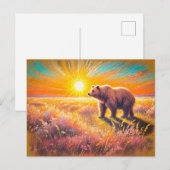 茶色のクマの夕焼けパステルチョークアート ポストカード (正面/裏面)