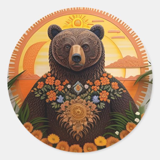 🐻 茶色のクマの花柄 自然 アニマルラバーズ ラウンドシール (正面)