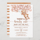 茶色のクマの風船 テディベア ベビーシャワー 招待状 (正面/裏面)