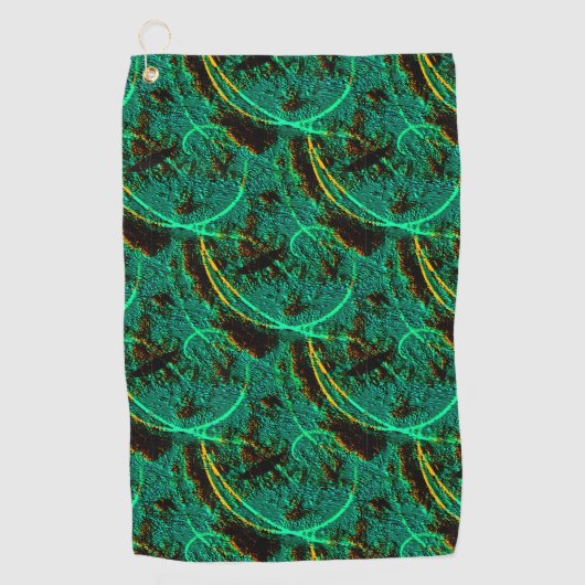 茶色のクレーターを持つ粗いテクスチャの濃い緑のシアン ゴルフタオル (正面)