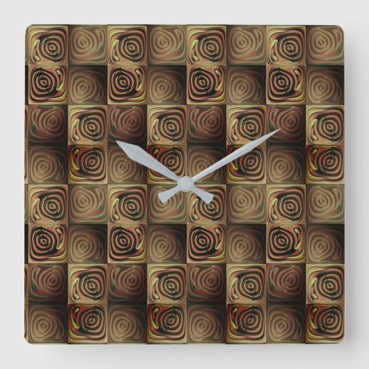 茶色のグラデーションの円を持つ正方形のレリーフ、 浮き彫り スクエア壁時計 (正面)