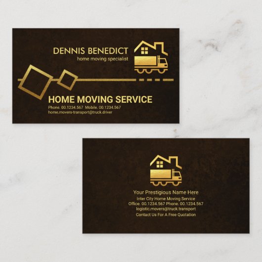 茶色のグランジ金ゴールド移動ボックス 名刺 (正面/裏面)