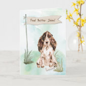 茶色のコッカー感じスパニエル犬犬に良い手術 カード (黄色い花)