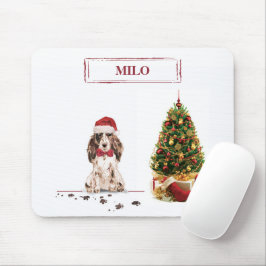 茶色のコッカー・スパニエル クリスマスの木と遊ぶ犬 マウスパッド