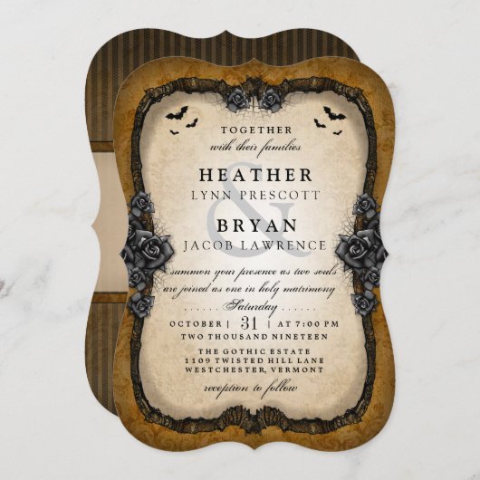 茶色のゴシックこうもりハロウィーンの結婚式のレセプションバック 招待状 (正面/裏面)