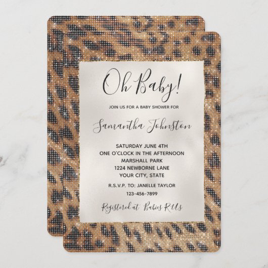 茶色のサファリキリン動物の輝く赤ちゃんシャワー 招待状 (正面/裏面)