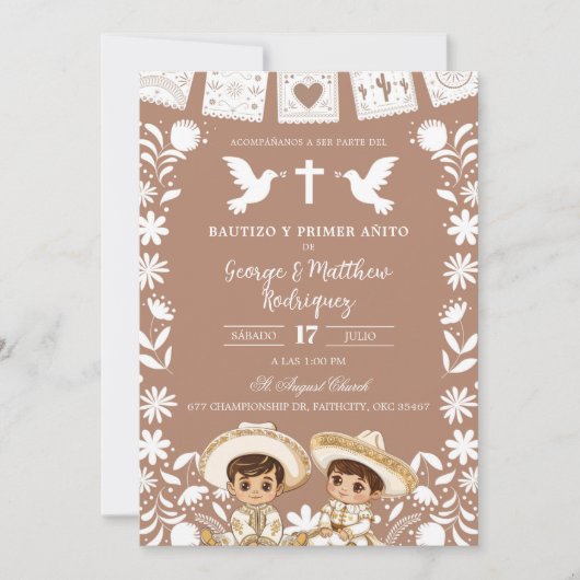 茶色のシエリト リンド ボーイ ツインズ 洗礼と誕生日 招待状 (正面)