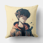 茶色のジャケットを着たおしゃれな漫画の少年 クッション (裏面)