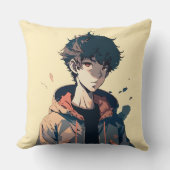 茶色のジャケットを着たおしゃれな漫画の少年 クッション (正面)