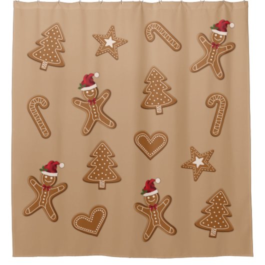 茶色のジンジャーブレッドクリスマスクッキーの形状 シャワーカーテン (正面)