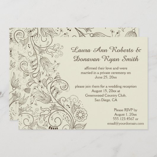 茶色のスケッチされた渦巻きアイボリー結婚の 招待状 (正面/裏面)