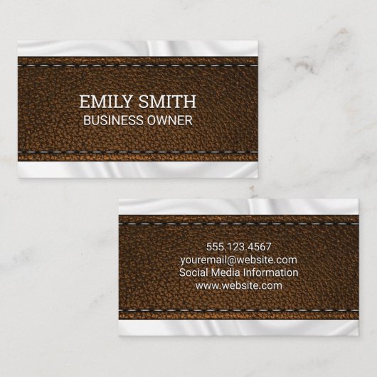 茶色のステッチされたレザーテクスチャ |絹のカーテン 名刺 (正面/裏面)