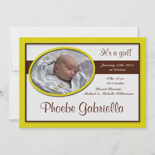 茶色のストライプ黄色の出産のお知らせ 案内状 (正面)