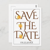 茶色のタイポグラフィ、バラ秋の結婚式日付の保存 ポストカード (正面/裏面)