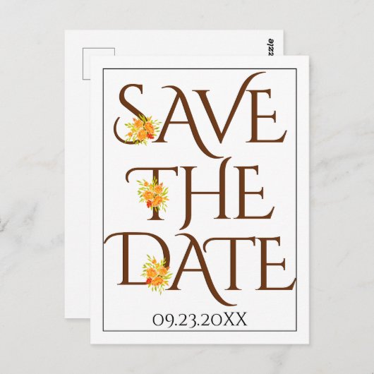茶色のタイポグラフィ、バラ秋の結婚式日付の保存 ポストカード (正面/裏面)