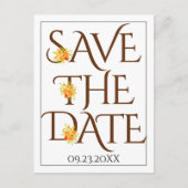 茶色のタイポグラフィ、バラ秋の結婚式日付の保存 ポストカード (正面)