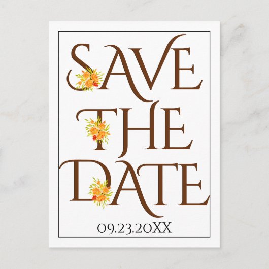 茶色のタイポグラフィ、バラ秋の結婚式日付の保存 ポストカード (正面)
