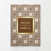 茶色のタイルのパターフェイクン金箔フォト結婚ズ 三つ折り招待状 (カバー)