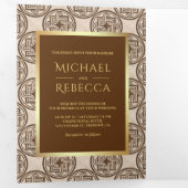 茶色のタイルのパターフェイクン金箔フォト結婚ズ 三つ折り招待状 (内部最初)