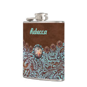 茶色のターコイズ色のウェスタンカントリー風コウガールブライドメイド フラスク (左)