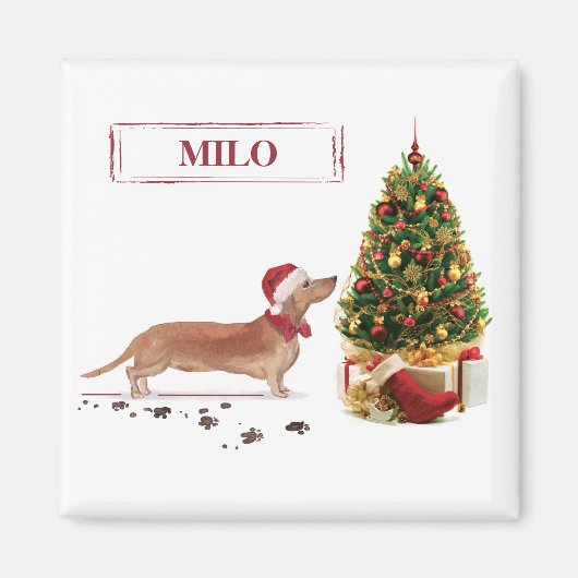 茶色のダックスフンド クリスマスのユーモア 犬とツリー マグネット (正面)