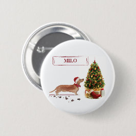 茶色のダックスフンド クリスマスのユーモア 犬とツリー 缶バッジ