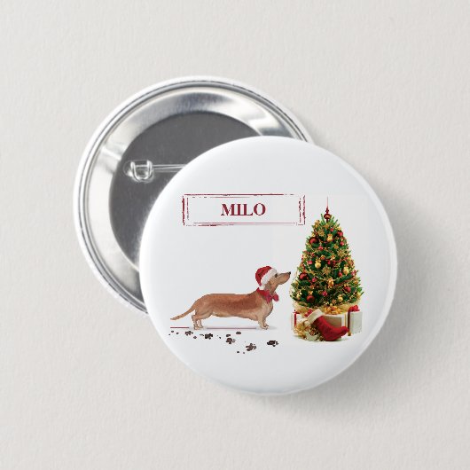 茶色のダックスフンド クリスマスのユーモア 犬とツリー 缶バッジ (正面&裏面)