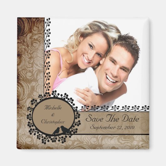 茶色のダマスク愛の鳥の写真日付磁石を保存 マグネット (正面)