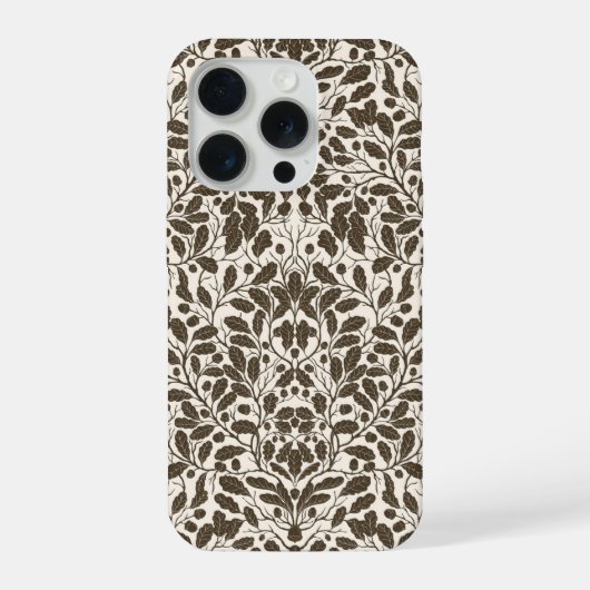 茶色のダマスク模様のオークの枝と葉 a iPhoneケース (裏面)