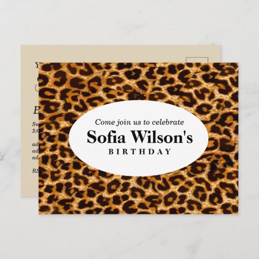 茶色のチートヒョウの誕生日はがき招待状 インビテーションポストカード (正面/裏面)