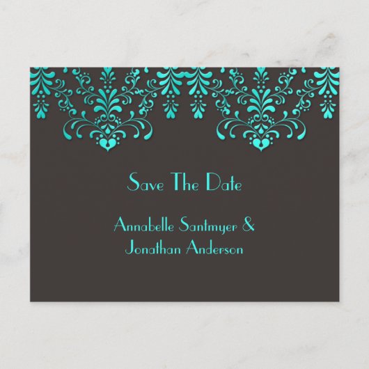 茶色のティール（緑がかった色）フローラ渦巻き日付保存 案内ポストカード (正面)